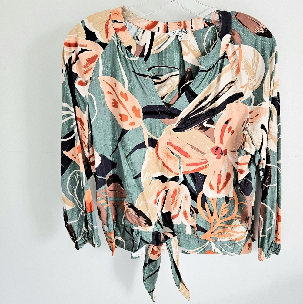 Nic+Zoe Floral Tropical Print Blouse Ties At Waist